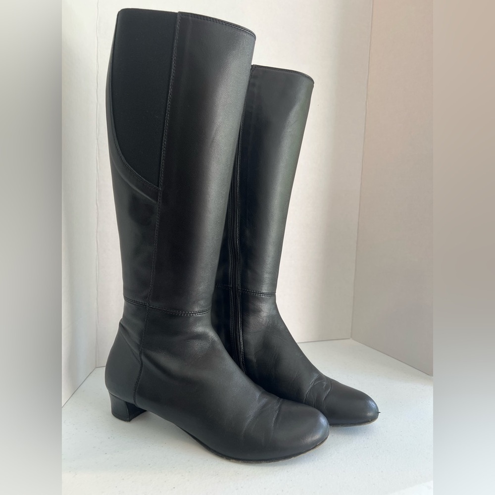 Black Knee High Leather Riding Boots Low Heel Italian AGL Size 37.5 (US 7)
